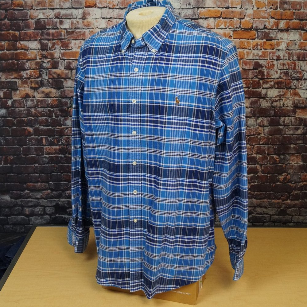 Polo Ralph Lauren Button Down Shirt Cotton Blue Black Madras Plaid Mens 2XL XXL